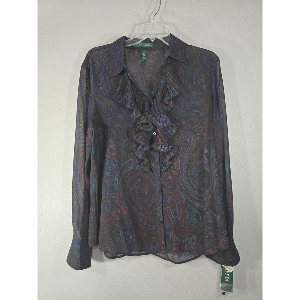 Lauren Ralph Lauren Size XL Boho Paisley Sheer Button Ruffle Blouse Victorian BL